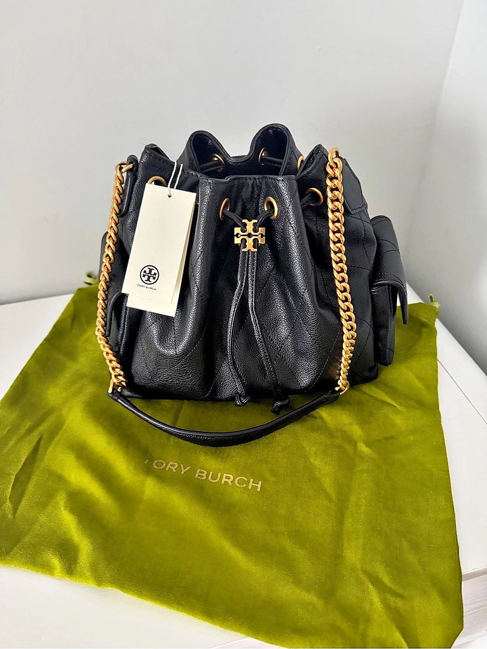 Tory Burch Small Charlie Quilted Drawstring Shoulder Bag Black